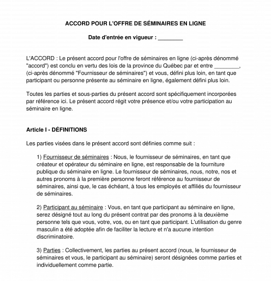 Accord concernant les séminaires en ligne