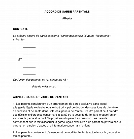 Accord de Garde Parentale Modèle, Exemple Word et PDF