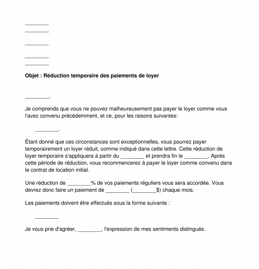 Accord de modification temporaire de paiement du loyer