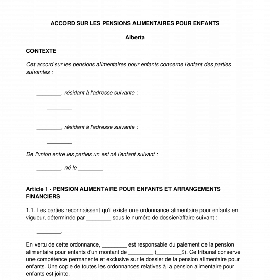 Accord sur les pensions alimentaires pour enfants