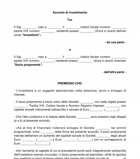 Accordo di investimento per startup