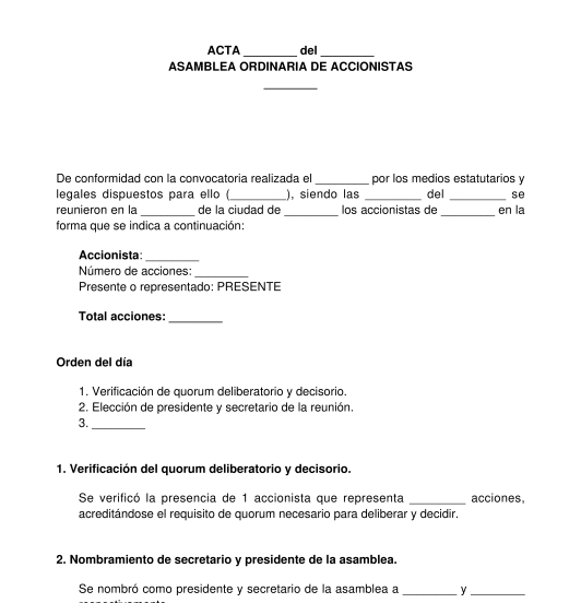 Acta de Asamblea de Accionistas . - Modelo