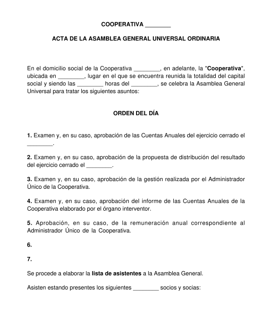 Acta de la asamblea general de una sociedad cooperativa