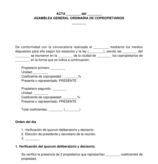 Acta de Asamblea de Propiedad Horizontal - Modelo