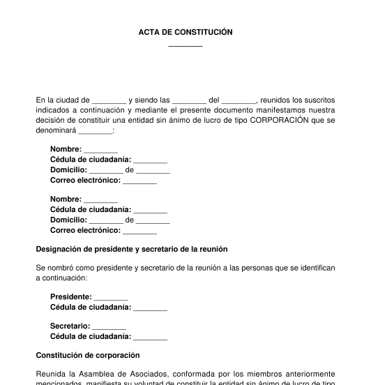 Acta de constitución de asociación o corporación