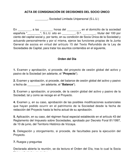 Acta de decisiones del socio único para la aprobación de una cesión global del activo y pasivo