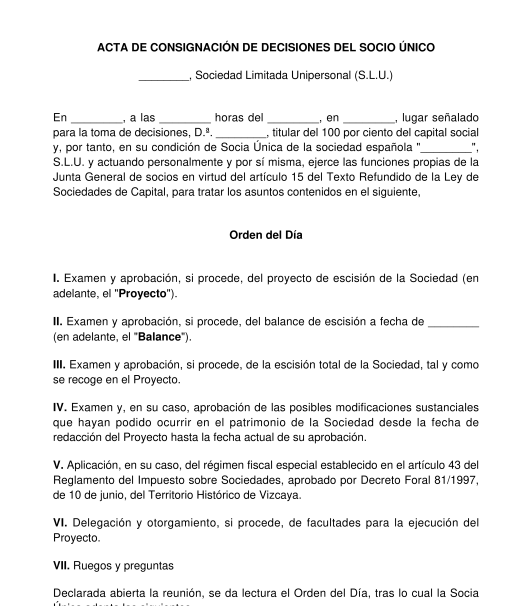 Acta de decisiones del socio único para la aprobación de una escisión