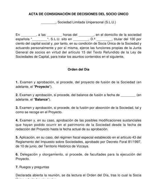 Acta de decisiones del socio único para la aprobación de una fusión