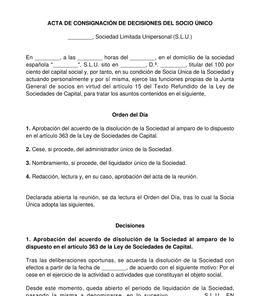 Acta de decisiones del socio único para la disolución y/o liquidación de una sociedad mercantil unipersonal