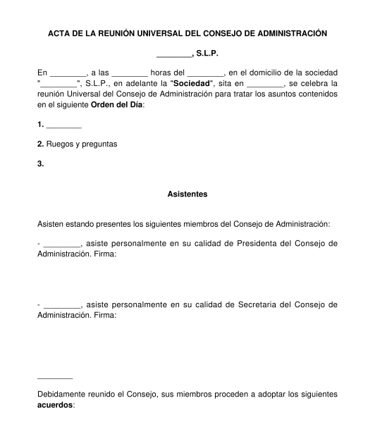 Acta del consejo de administración de una sociedad limitada o anónima profesional