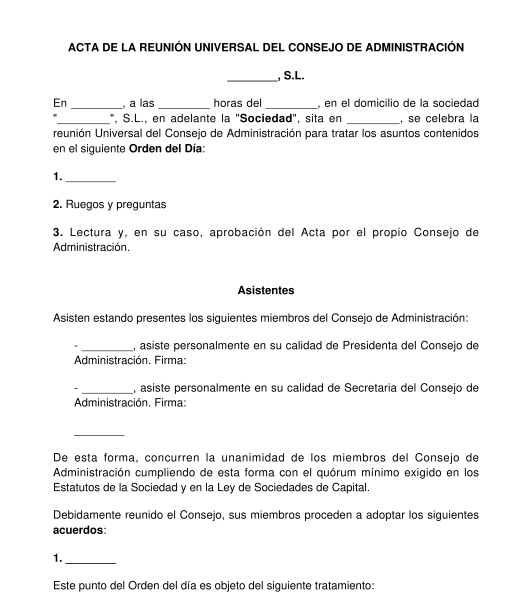 Acta del consejo de administración de una sociedad mercantil