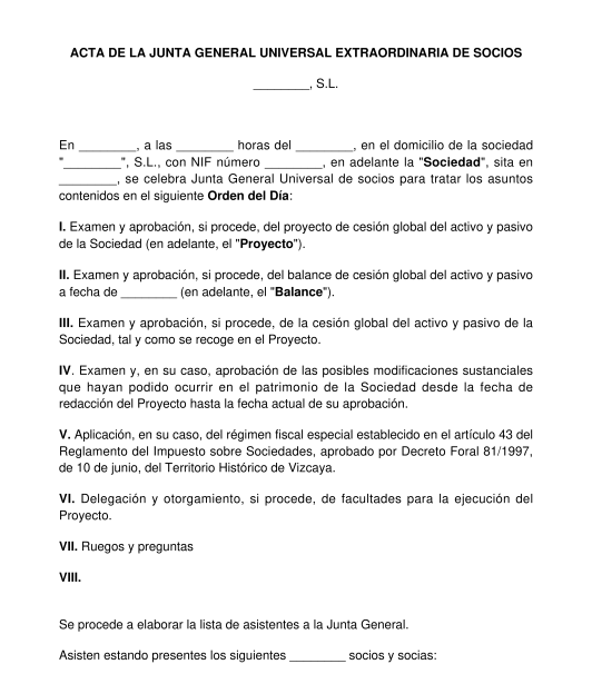 Acta de la junta general para la aprobación de una cesión global de activo