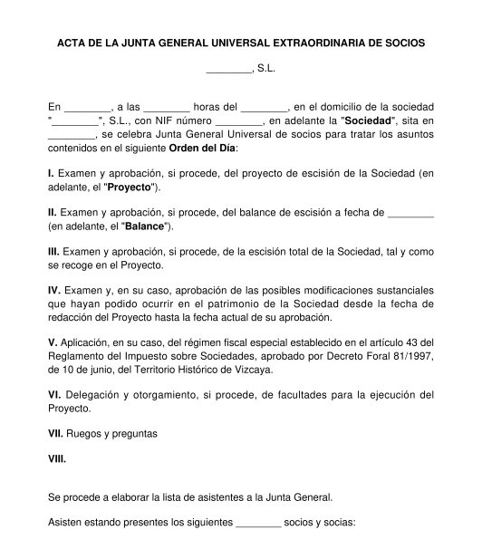 Acta de la junta general para la aprobación de una escisión