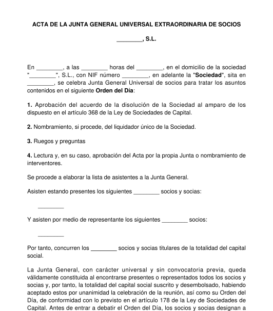 Acta de la junta general de disolución y liquidación de una sociedad mercantil