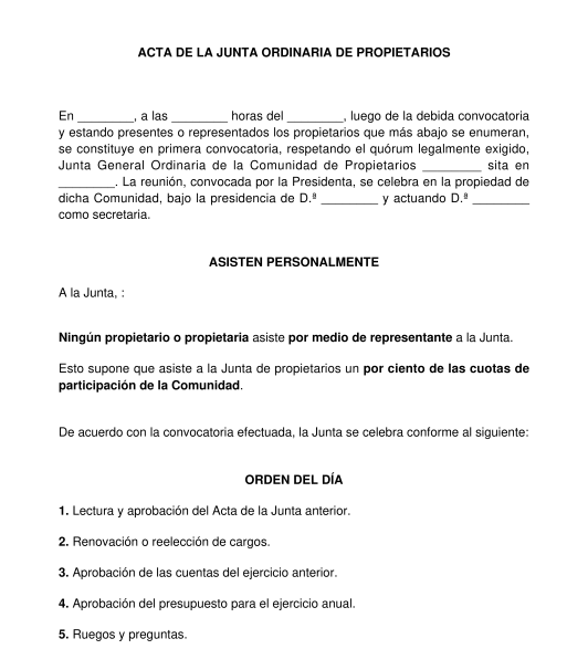 Acta de la junta general ordinaria o extraordinaria de propietarios