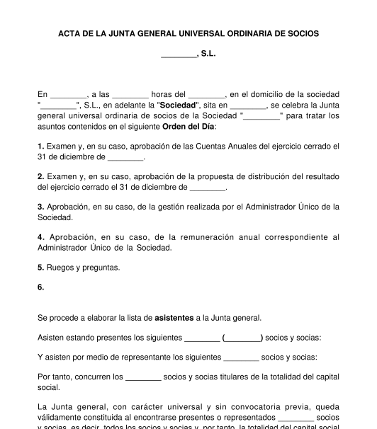 Acta de la junta general ordinaria o extraordinaria de una sociedad mercantil