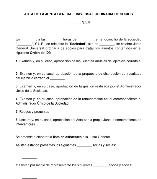 Acta de la junta general de una sociedad limitada o anónima profesional