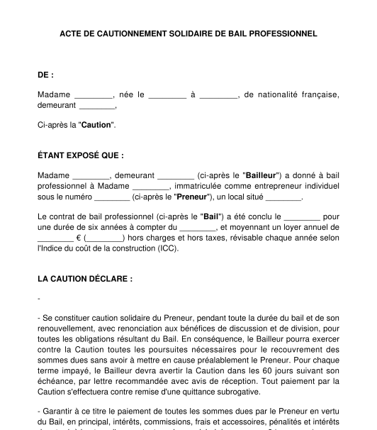 Acte de cautionnement solidaire de bail professionnel