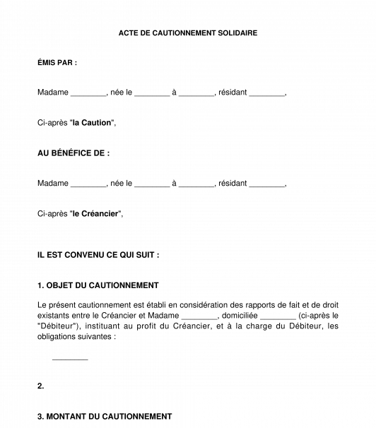 Acte de Cautionnement Solidaire (Général) Modèle