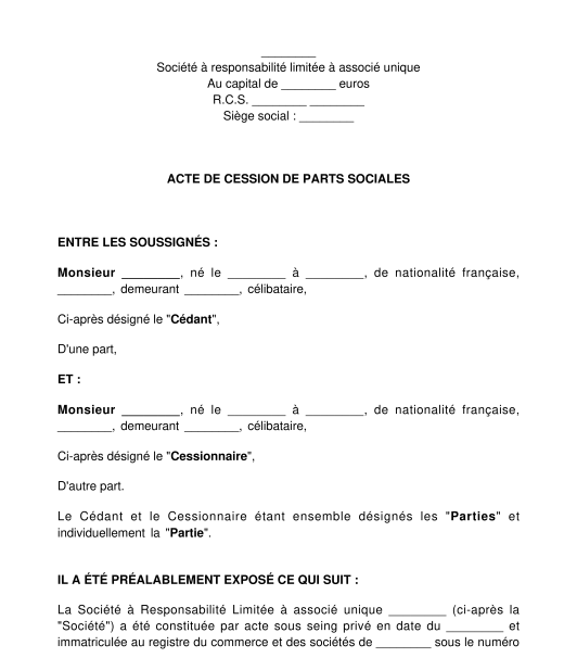 Acte de cession de parts sociales EURL