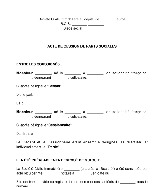 Acte de cession de parts sociales SCI