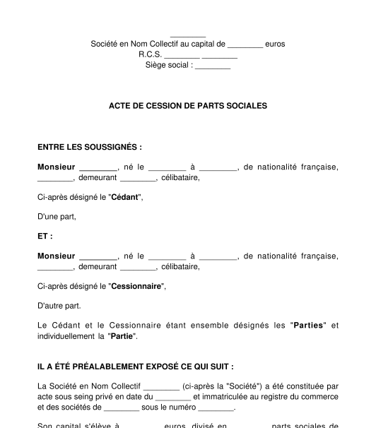 Acte de cession de parts sociales SNC