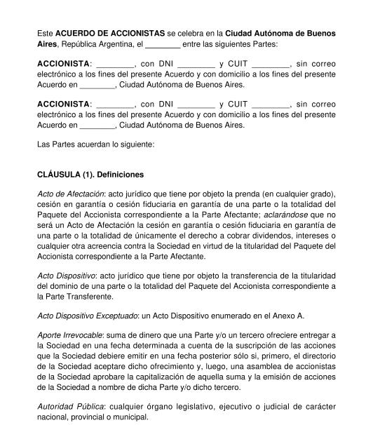 Acuerdo de Accionistas - Modelo en Formatos Word y PDF