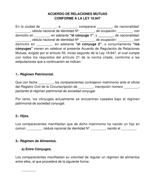 Acuerdo para Divorcio de Mutuo Acuerdo - Modelo