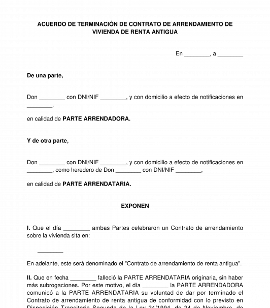 Acuerdo de terminación del contrato de arrendamiento de vivienda de renta antigua