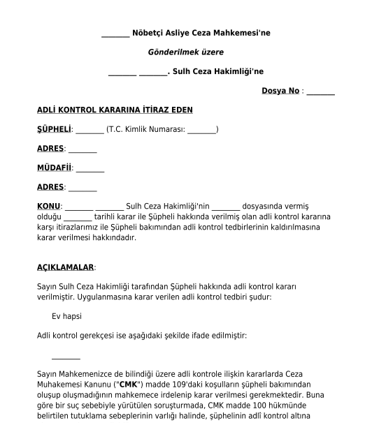 Adli Kontrol Kararına İtiraz Dilekçesi