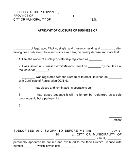 Affidavit of Closure of Business