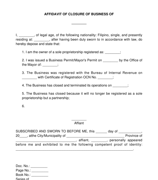 Affidavit of Closure of Business