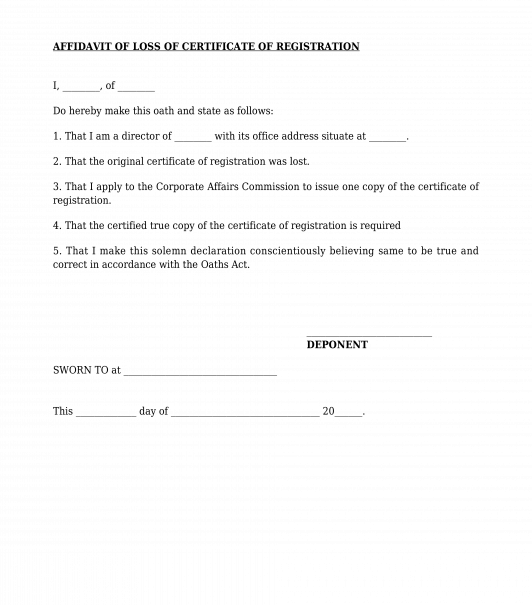 Affidavit of Loss of Certificate of Registration