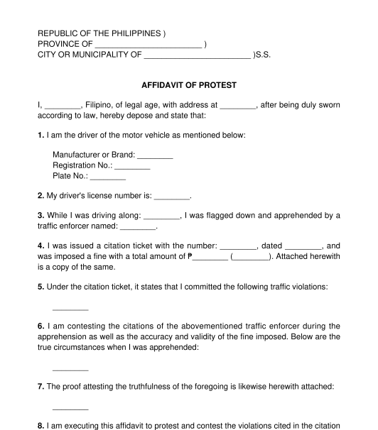 Affidavit of Protest Traffic Violations