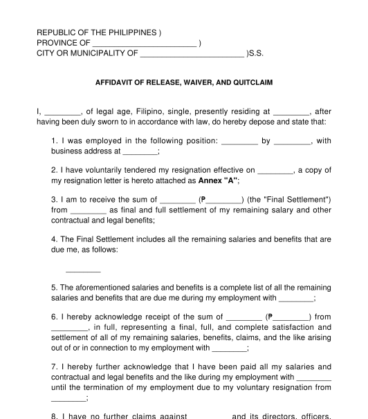 Affidavit of Release, Waiver, and Quitclaim for Employment