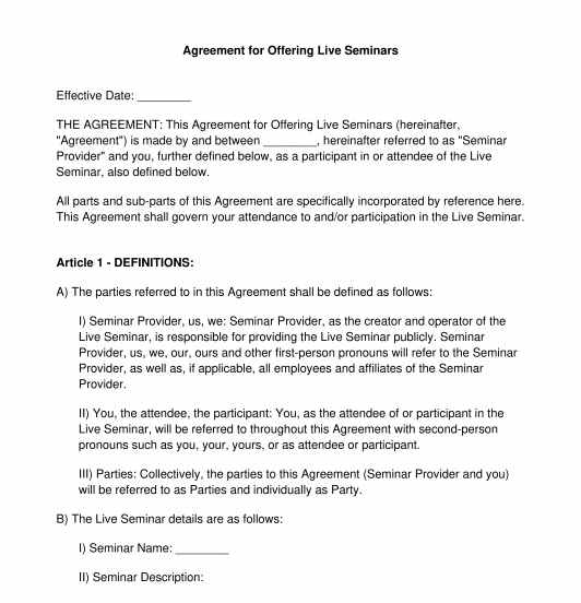Agreement for Offering Live Seminars