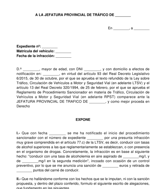 Alegaciones a sanción por alcoholemia