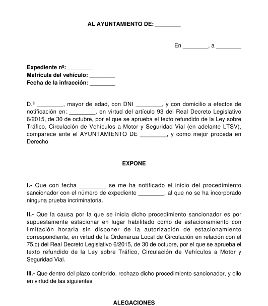 Alegaciones a sanción por estacionar sin ticket