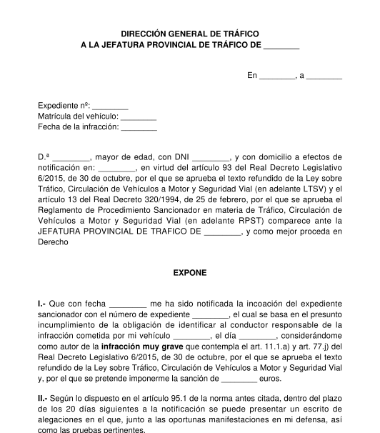 Alegaciones a sanción por no identificar los datos del conductor