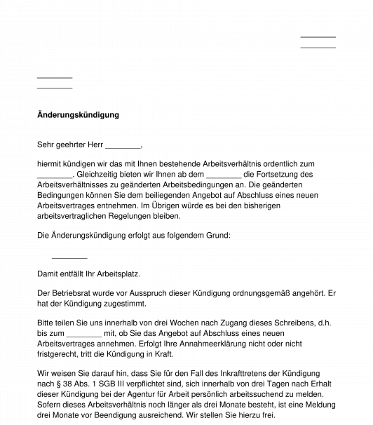 Anderungskundigung Arbeitsrecht Muster Word Und Pdf