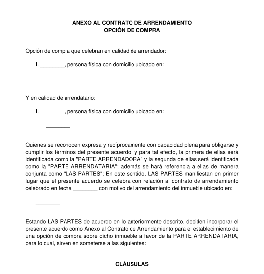 Anexo al contrato de arrendamiento: Opción de compra