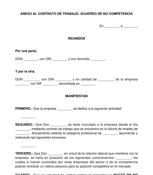 Anexo al contrato de trabajo - acuerdo de no competencia en la relación laboral