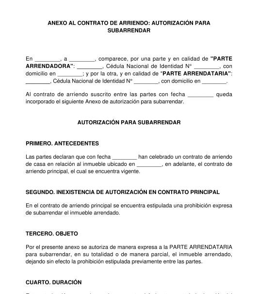 Anexo del Contrato de Arriendo: Autorización para Subarrendar