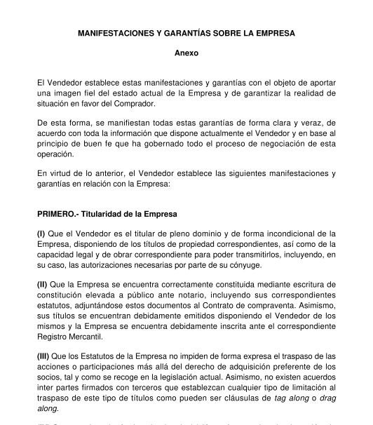 Anexo de manifestaciones y garantías de un contrato de compraventa de empresa