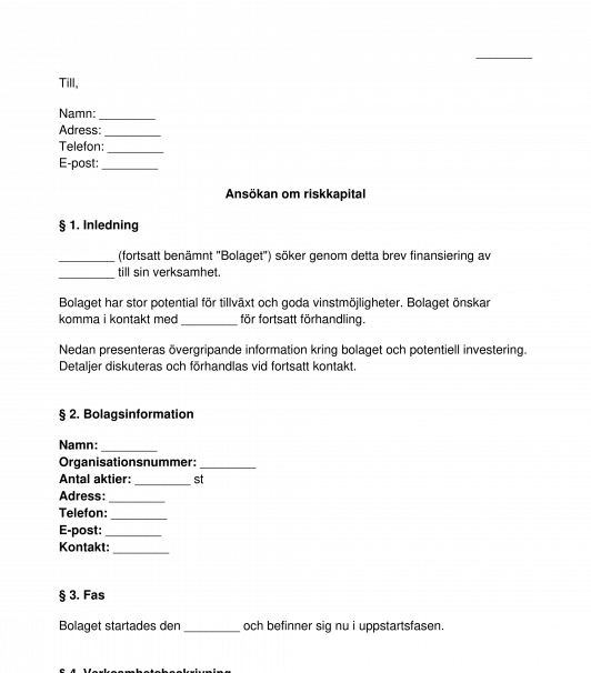 Ansökan om riskkapital Aktiebolag