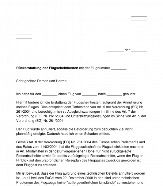 Antrag auf Rückerstattung des Flugpreises