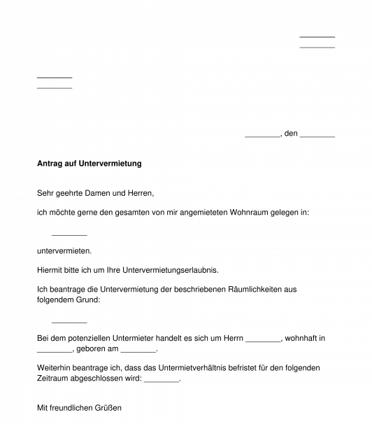 Antrag auf Untervermietung