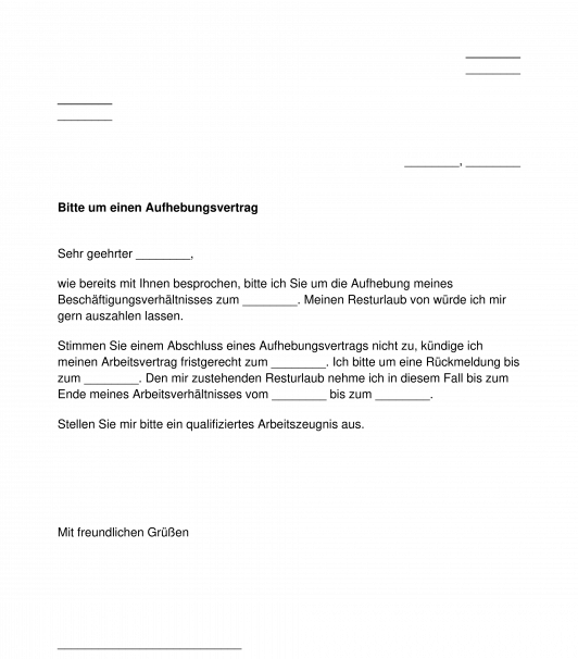 Antrag Aufhebungsvertrag Arbeitsrecht Muster