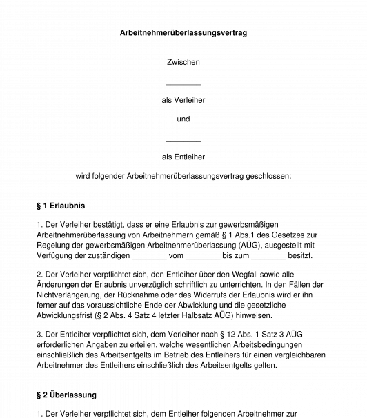 Arbeitnehmeruberlassungsvertrag Muster Word Und Pdf
