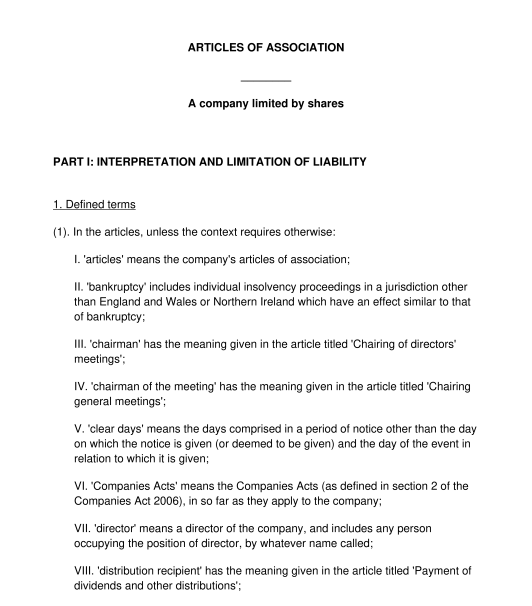Articles of Association for a Private Company Limited by Shares LTD